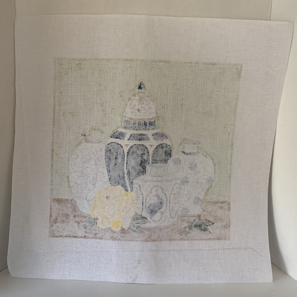 JP Hand-painted Needlepoint Canvas Blue Pots Yellow Peony Ginger Jar Vases Snail - Picture 3 of 7